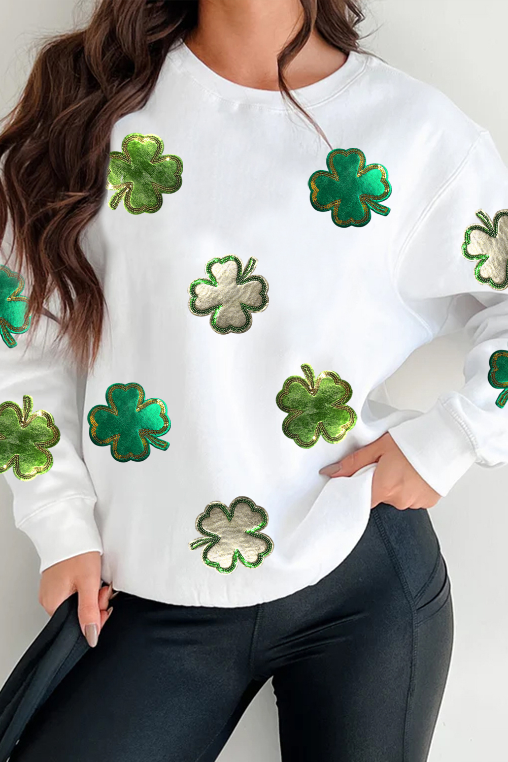 White Four Leaf Clover Patched Graphic St Patricks Sweatshirt - loveforevers
