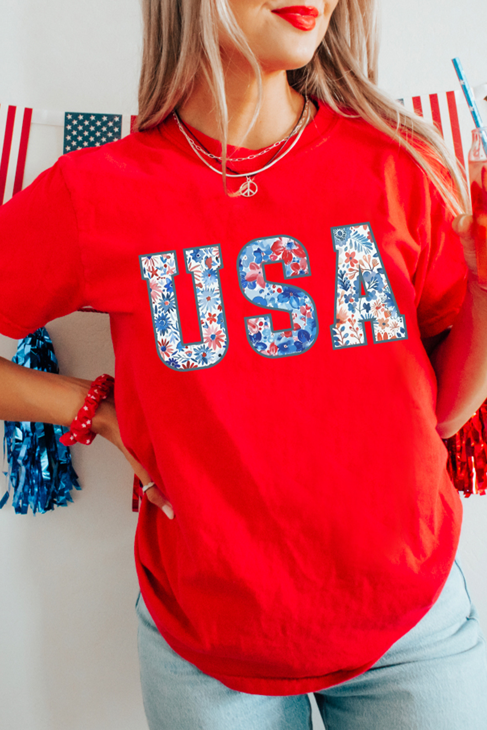 Red Floral USA Graphic Cuffed Sleeve Crew Neck Tee - loveforevers
