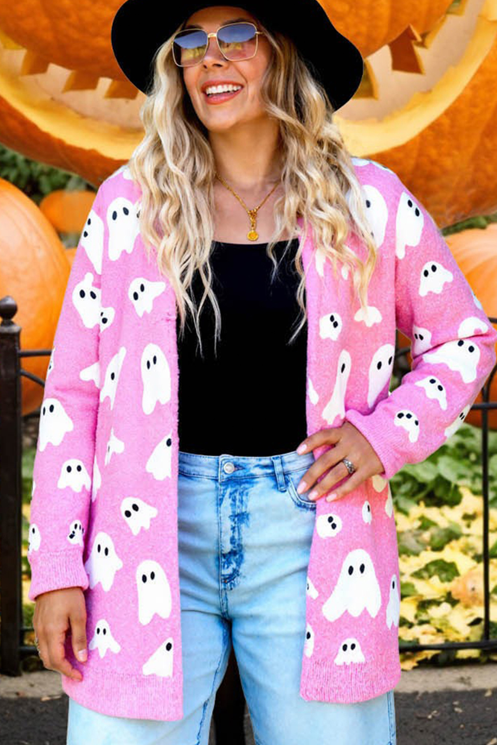 Bonbon Halloween Ghost Pattern Mid-length Knitted Cardigan - loveforevers
