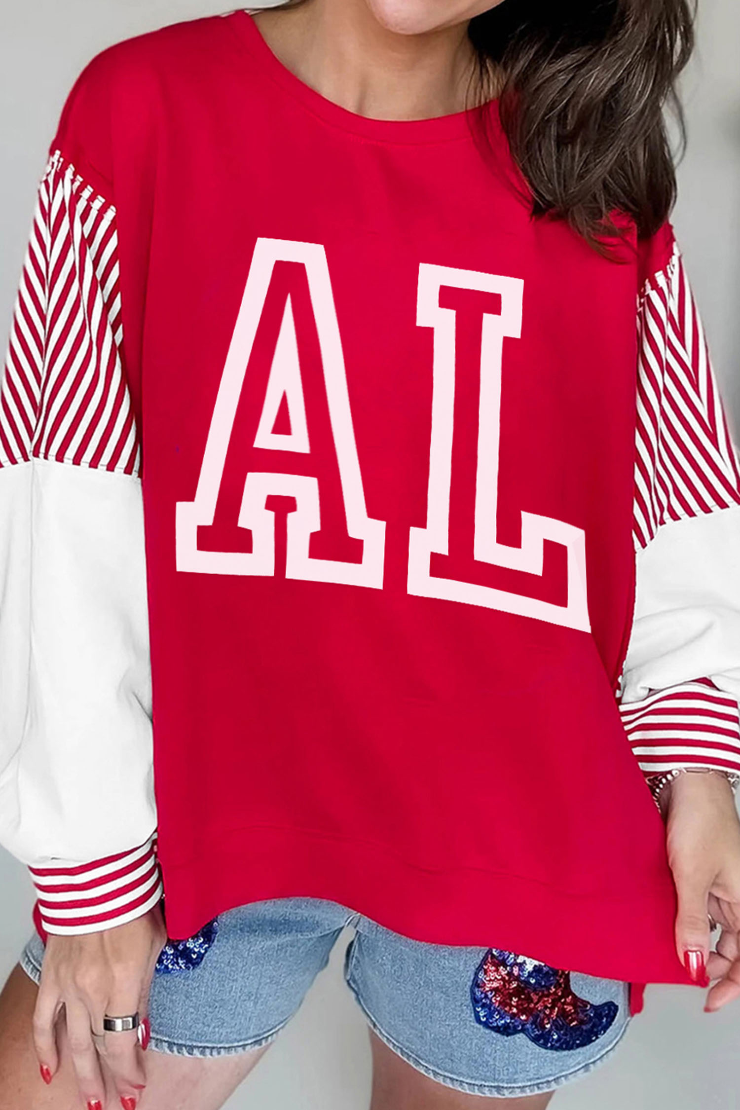Fiery Red AL Letter Printed Color Block Striped Patchwork Baggy Sweatshirt - loveforevers