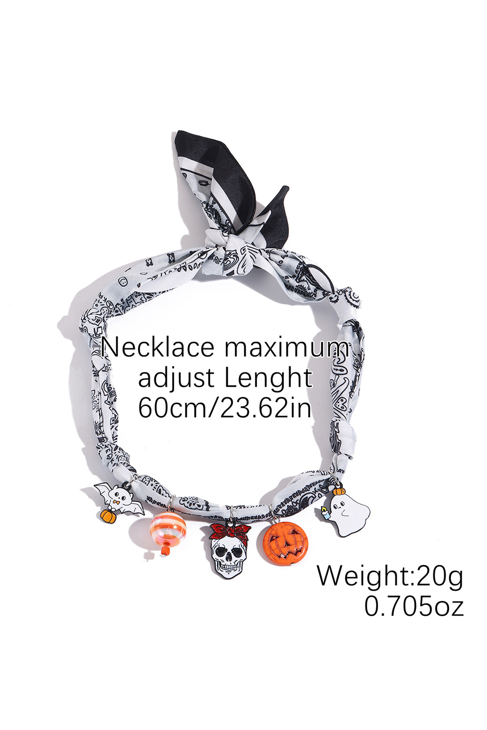 White Boho Printed Knot Scarf Halloween Pumpkin Ghost Charm Necklace - loveforevers