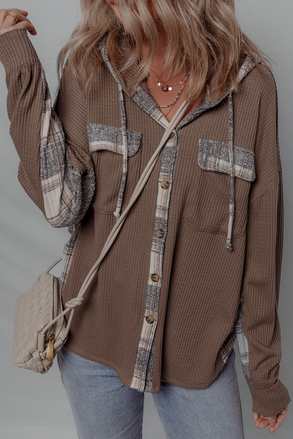 Brown Plaid Patchwork Button Down Drawstring Hooded Shacket - loveforevers