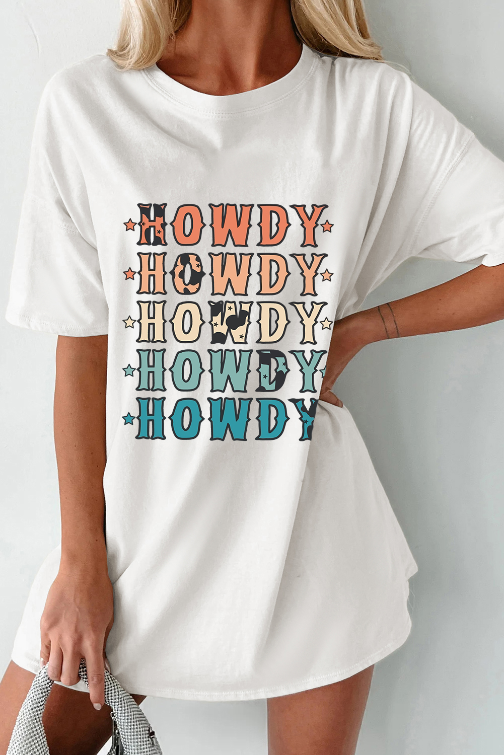 White HOWDY Stars Print Crew Neck Loose Fit T Shirt - loveforevers