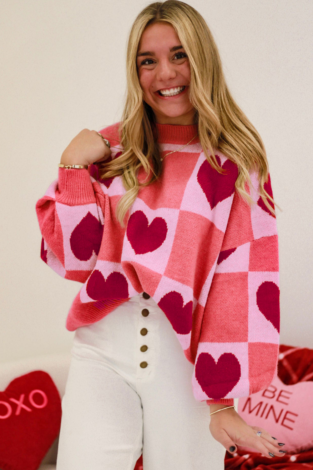 Pink Love Heart Checkered Valentine Crew Neck Sweater - loveforevers