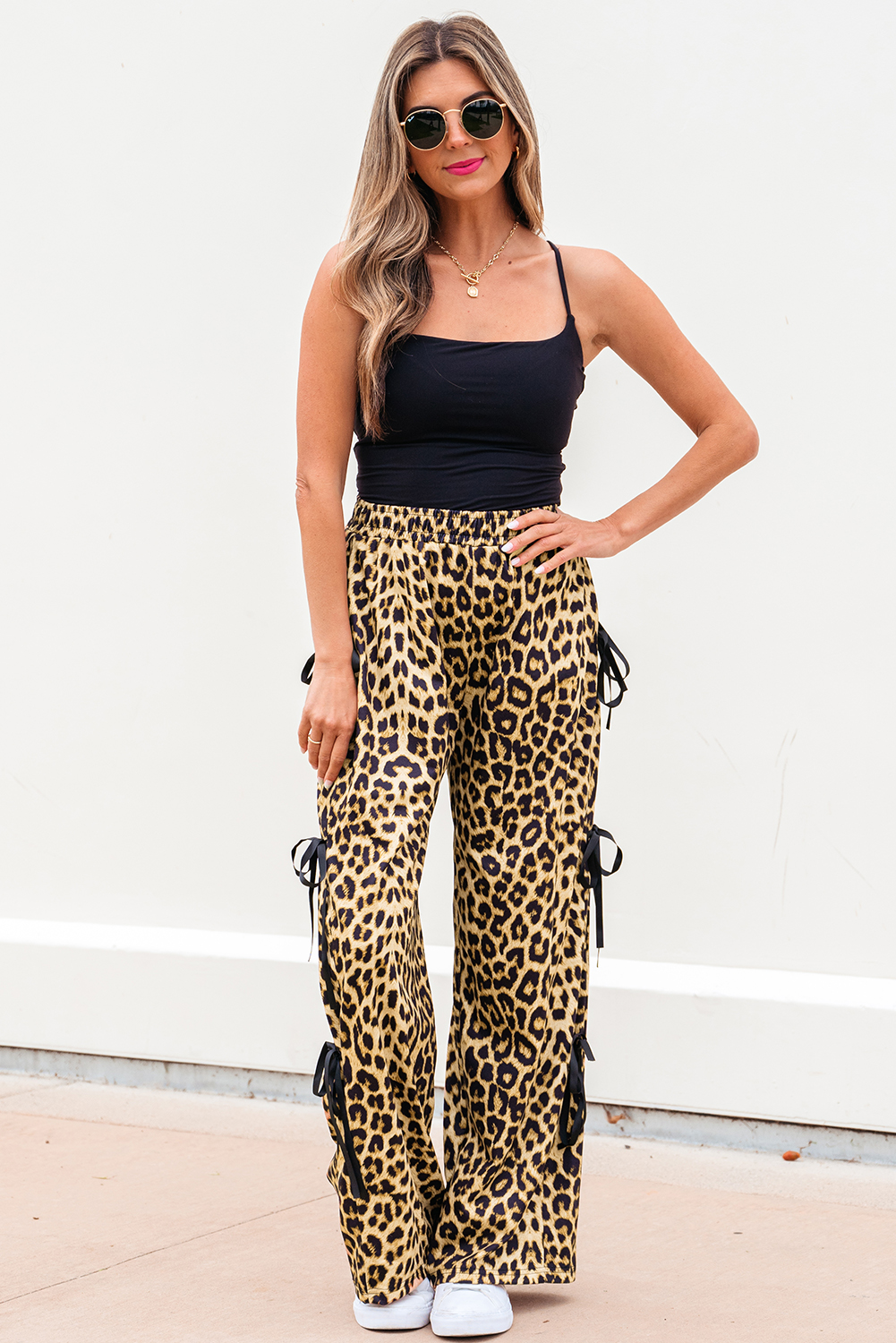 Brown Leopard Print Bow Tie Elastic Waistband Loose High Waist Pants - loveforevers