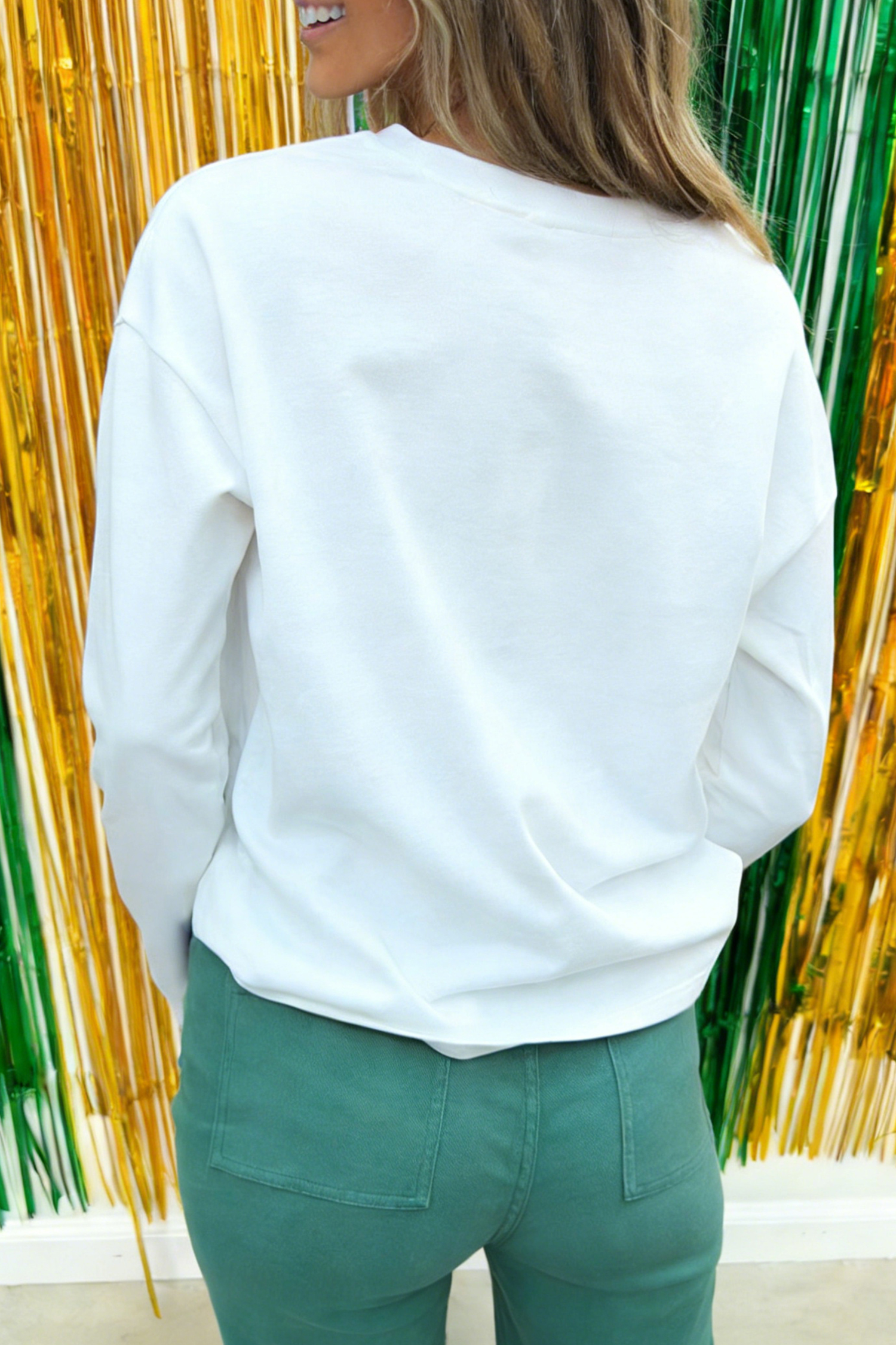 White LUCKY Clover Embroidered Long Sleeve Top - loveforevers