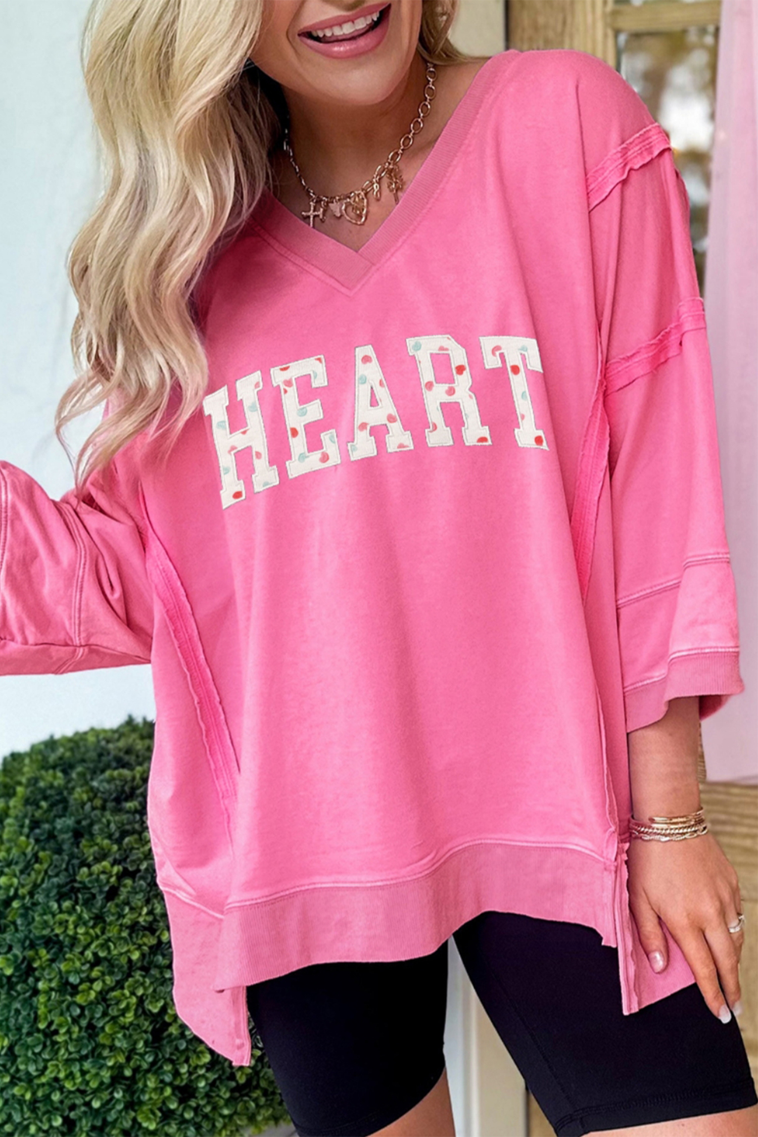 Bonbon Raw Seam Detail V Neck Letter HEART Patched Oversized Pullover - loveforevers