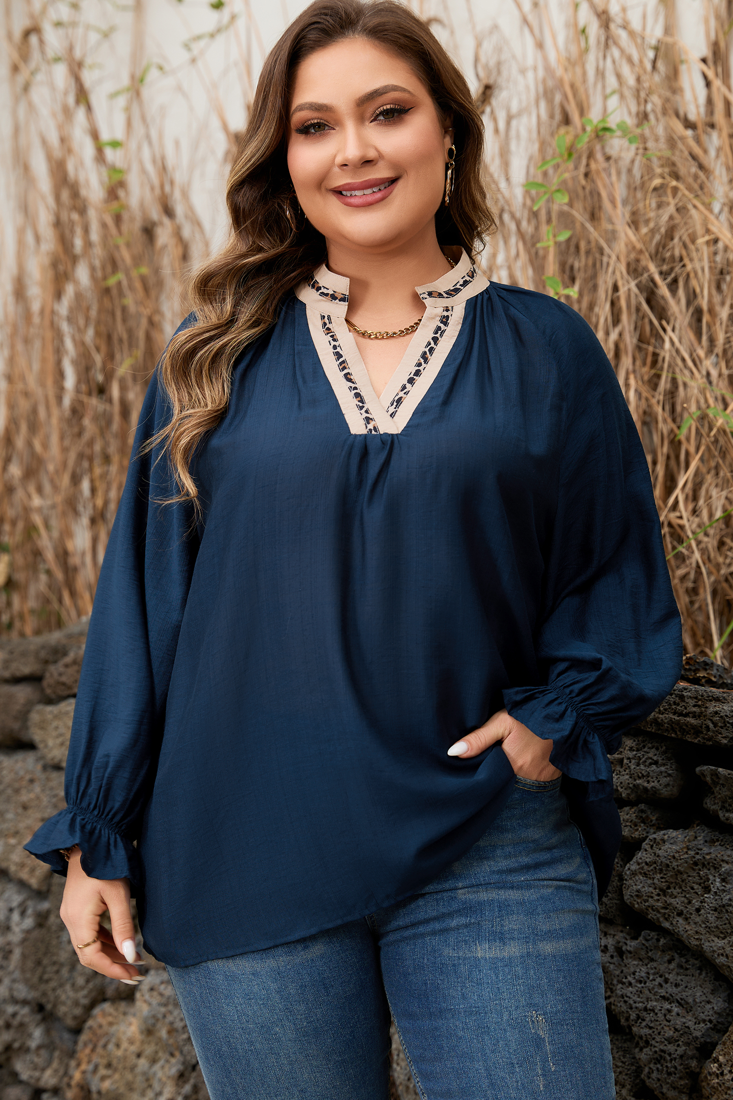 Navy Blue Contrast Leopard Patchwork Collar Plus Size Long Flounce Sleeve Blouse - loveforevers