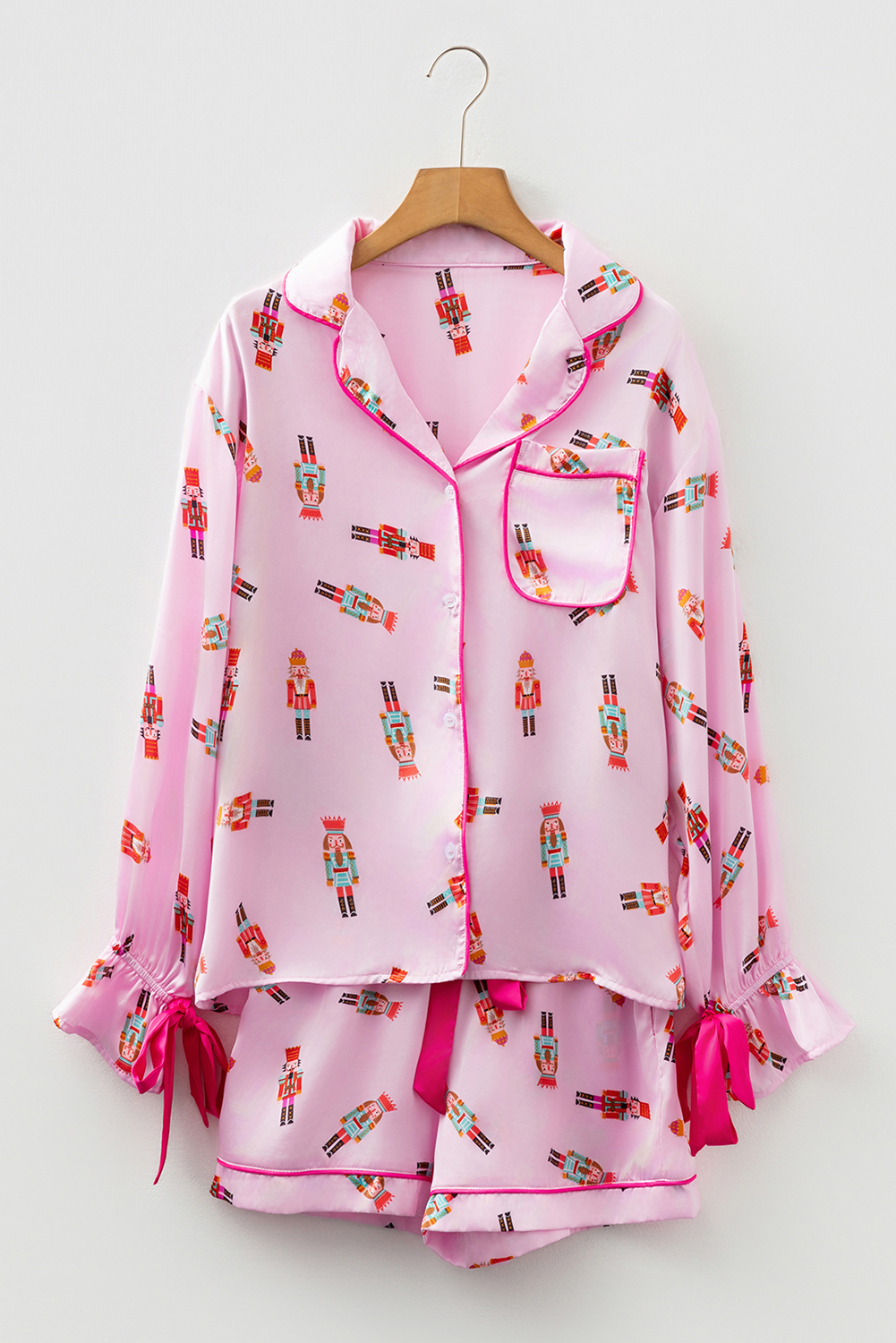 Pink Nutcracker Print Contrast Trim Tied up Bow Silky 2pcs Pajama Set - loveforevers