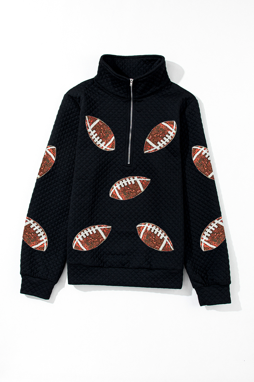Black Sequin Rugby Football Patched Quarter Zip Textured Sweatshirt - loveforevers