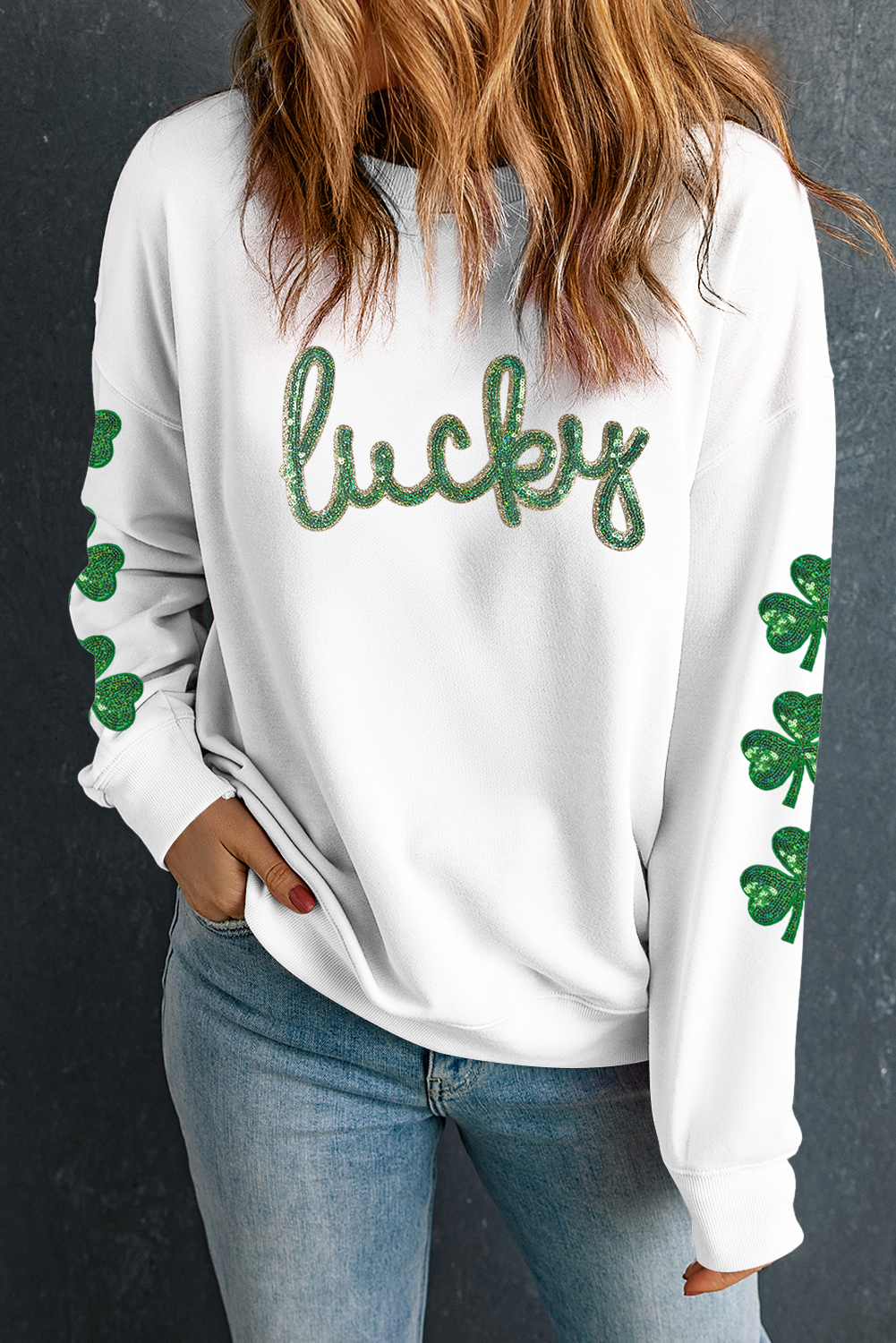 White Sequin lucky Lettering Clover Patched Sleeve Drop Shoulder Sweatshirt - loveforevers