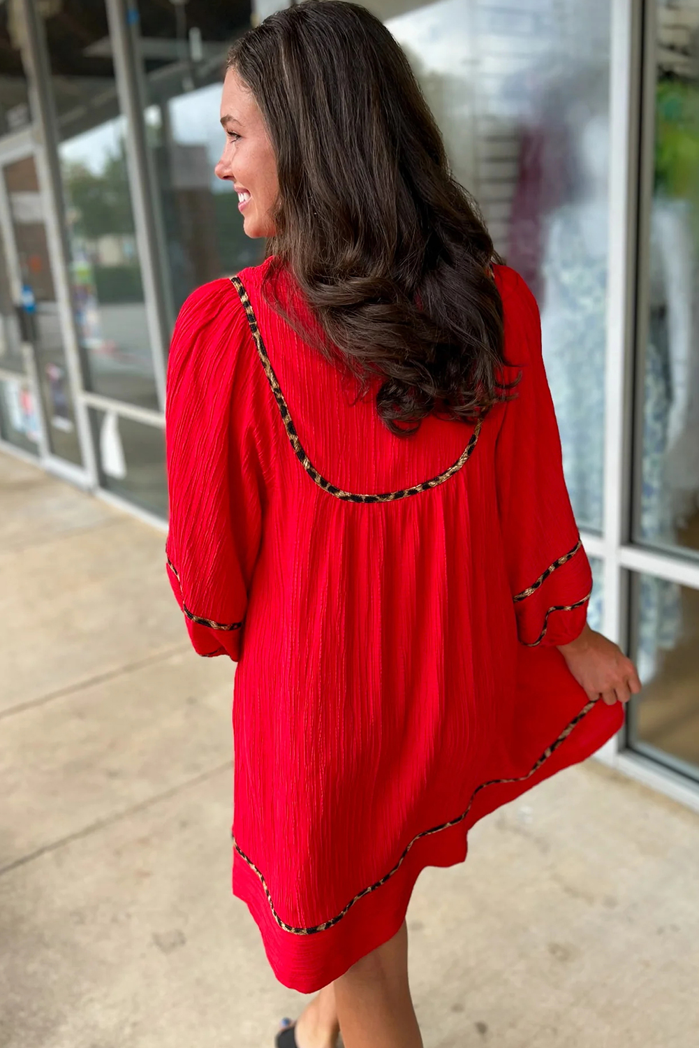 Fiery Red Textured V Neck Leopard Contrasted Trim Long Sleeve Shift Mini Dress - loveforevers