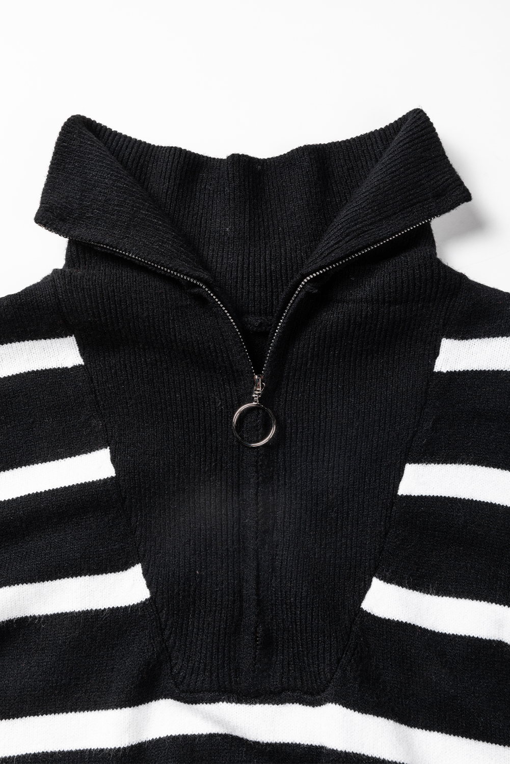 Black Striped O-ring Zip Collared Loose Sweater Mini Dress - loveforevers