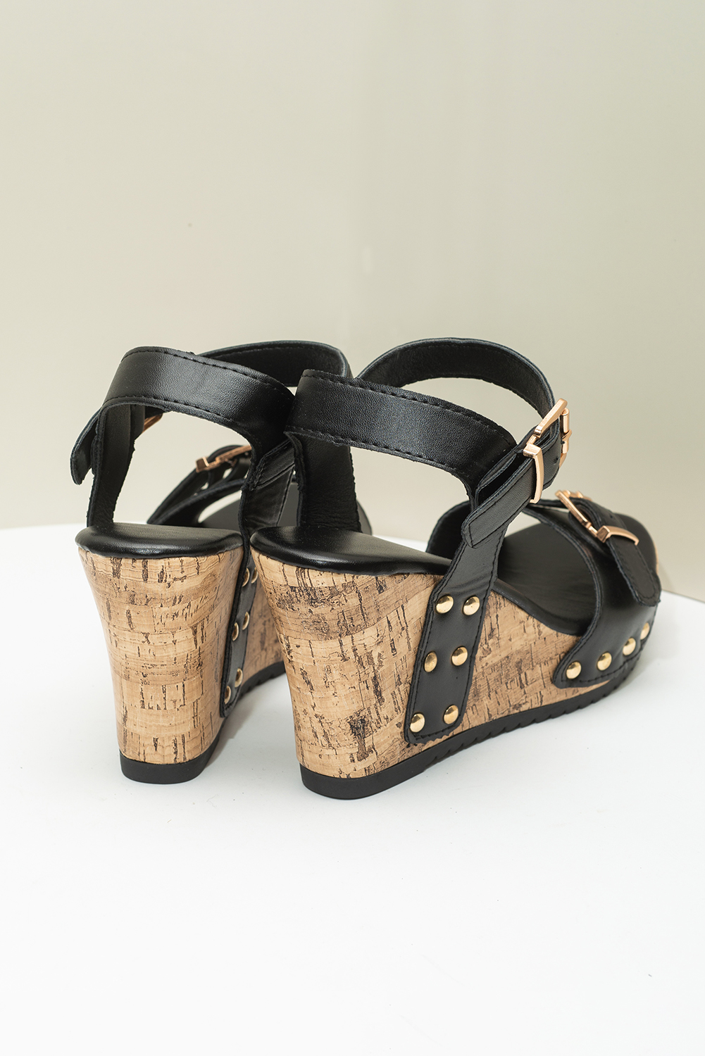 Black Rivet Buckle Closure Wedge Sandals - loveforevers
