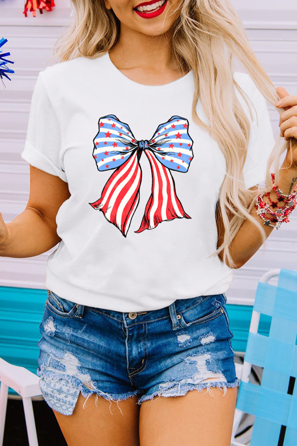 Khaki American Flag Bow Knot Print Round Neck T Shirt - loveforevers