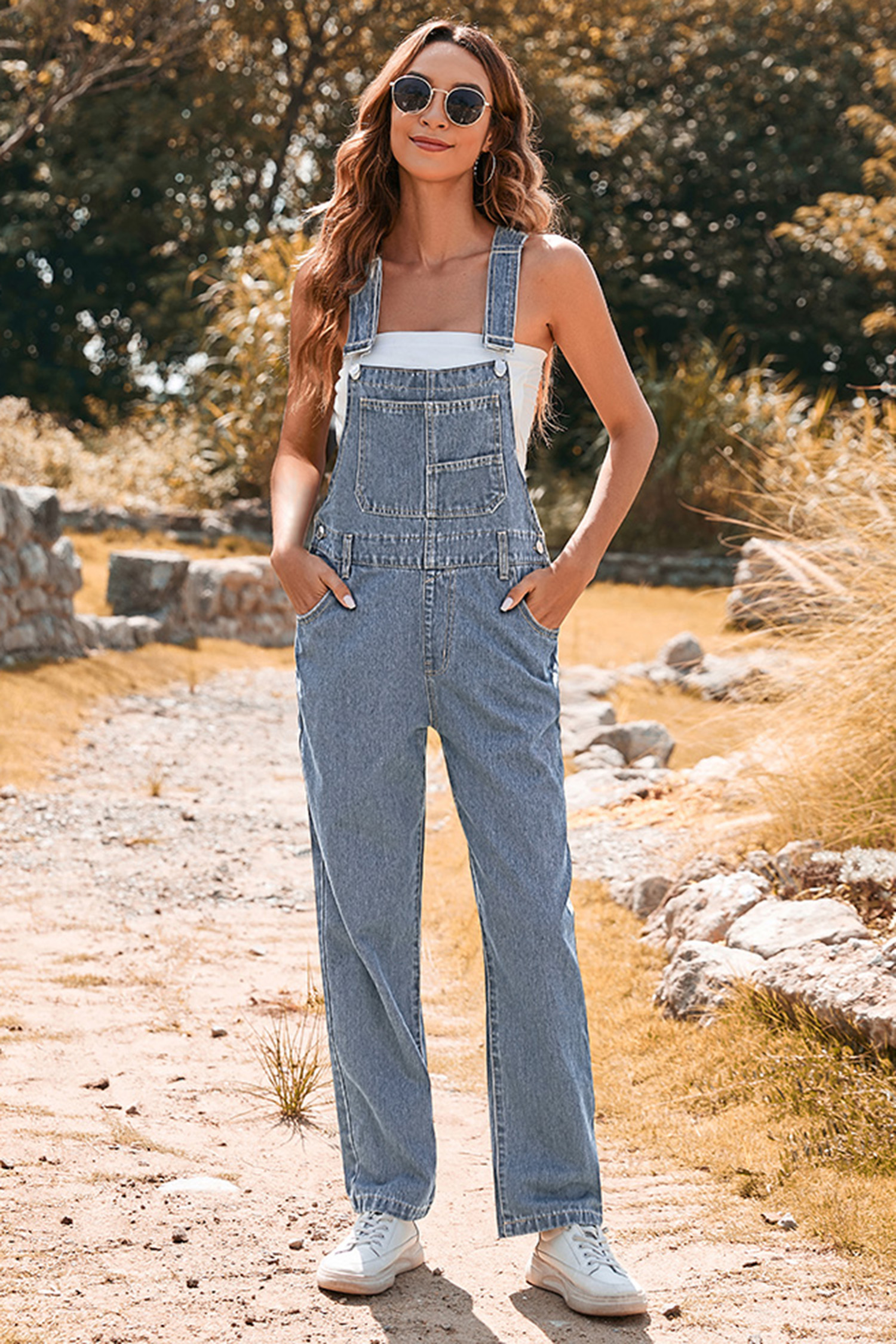 Light Blue Retro Bib Pocket Buckle Straps Casual Denim Jumpsuit - loveforevers
