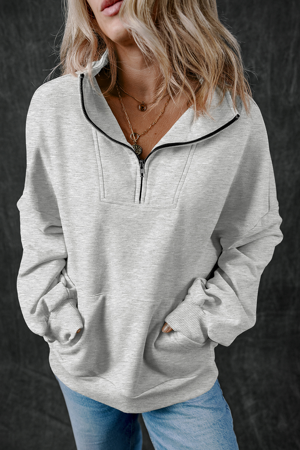 Bonbon Zip-up Stand Neck Kangaroo Pocket Sweatshirt - loveforevers