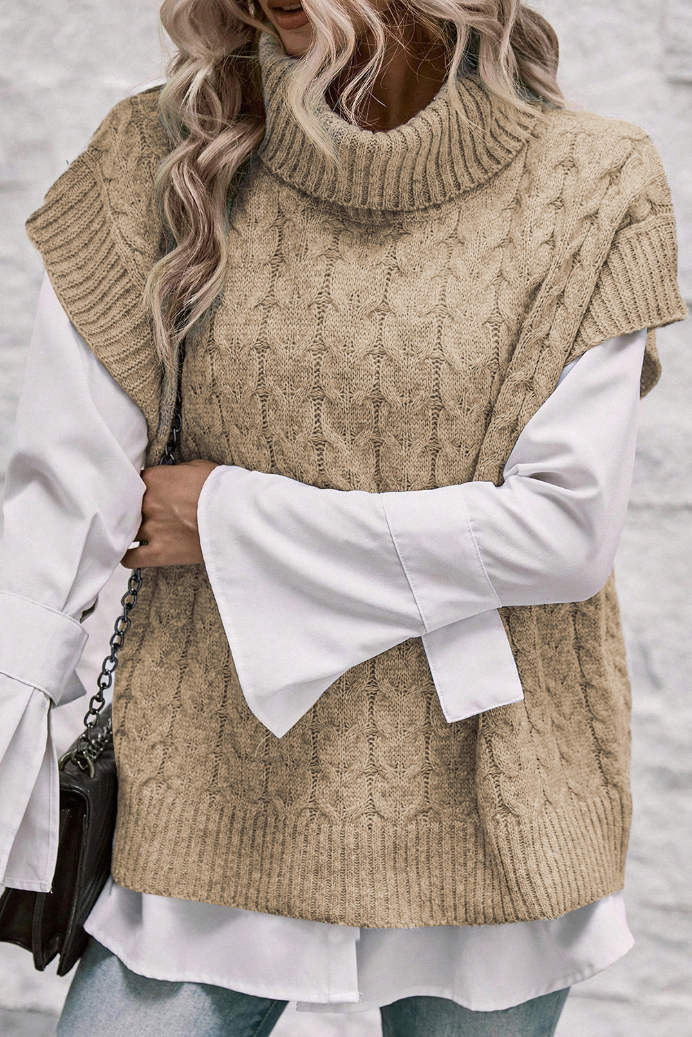 Medium Grey Cable Knit Turtleneck Batwing Sleeve Sweater - loveforevers