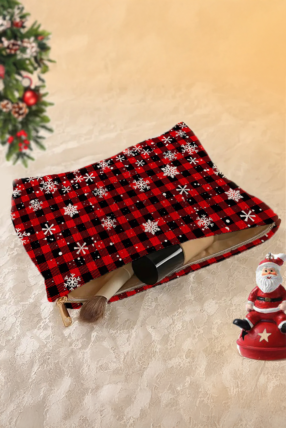 Fiery Red Plaid Christmas Snowflake Print Cosmetic Bag - loveforevers