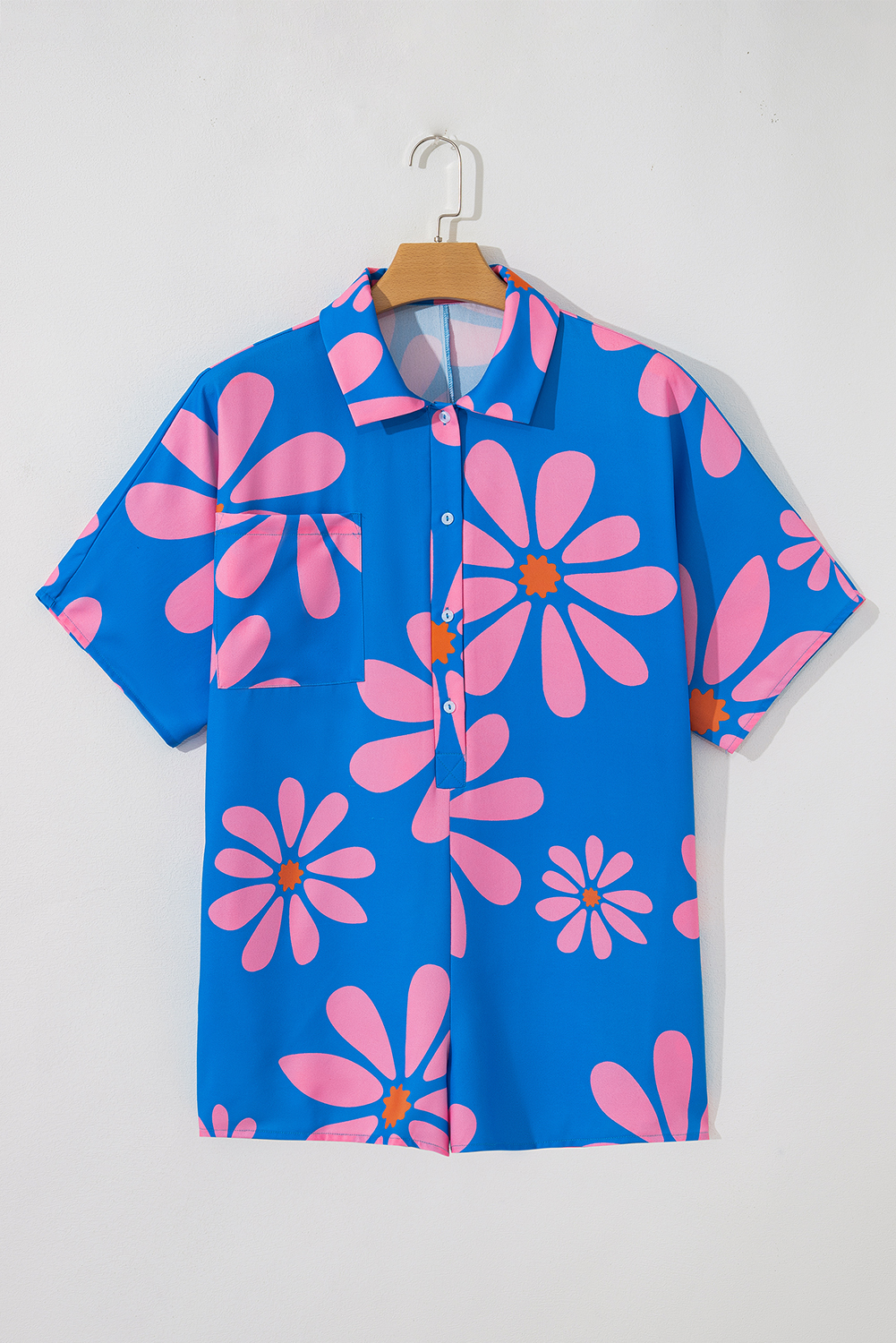 Blue Summer Flower Print Shirt Collar Button Front Loose Romper - loveforevers
