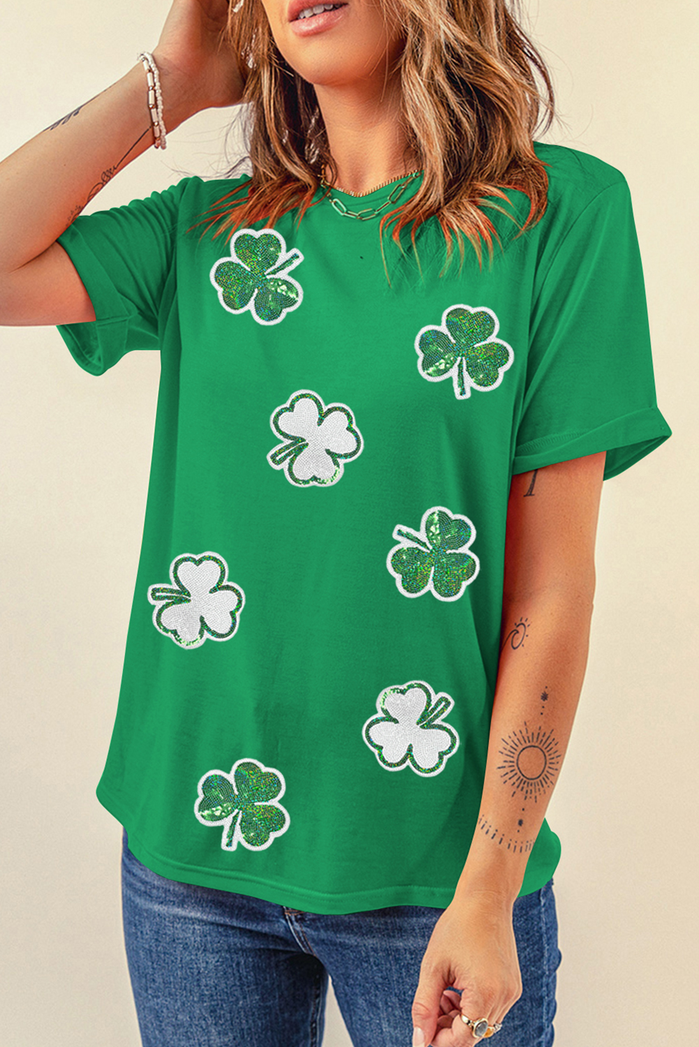 Bright Green St Patricks Sequined Clover Pattern T Shirt - loveforevers