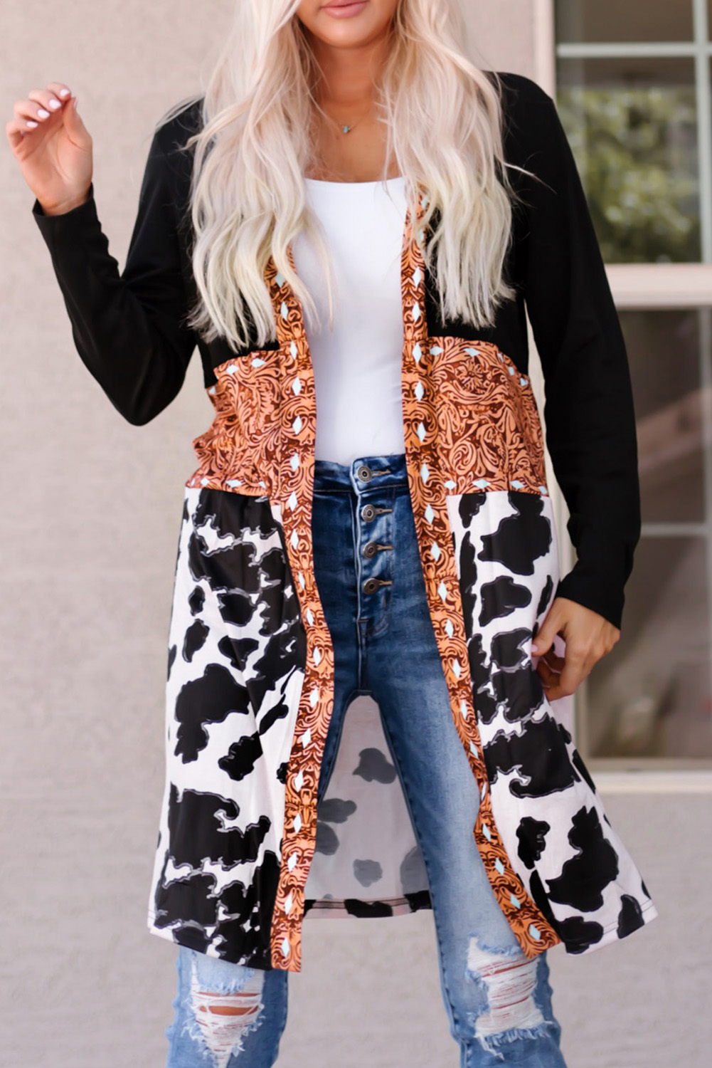 Black Western Pattern Cow Patchwork Open Front Cardigan - loveforevers