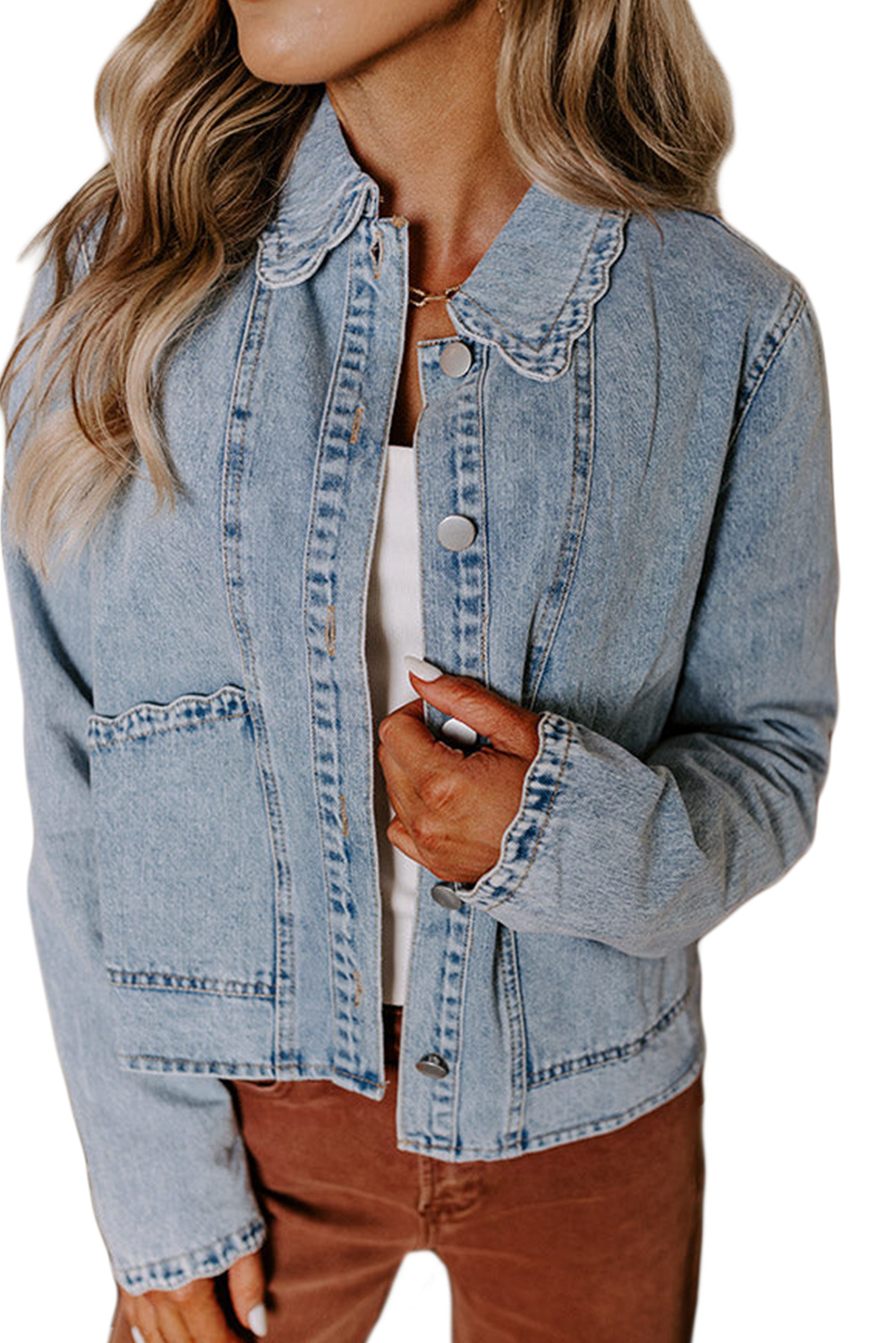 Myosotis Scallop Trim Collar Patched Pocket Button Up Mineral Washed Denim Jacket - loveforevers