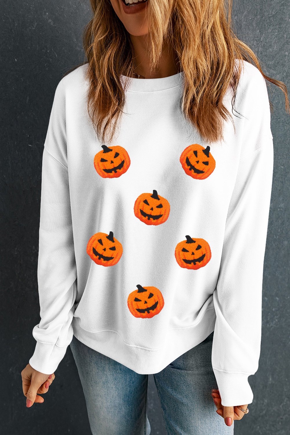 White Pumpkin Face Patched Pattern Halloween Crew Neck Sweatshirt - loveforevers
