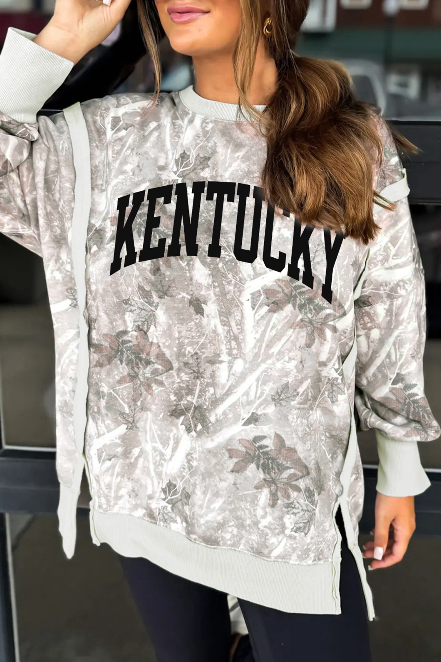 Gray KENTUCKY Raw Seam Detail Leafy Camouflage Baggy Sweatshirt - loveforevers