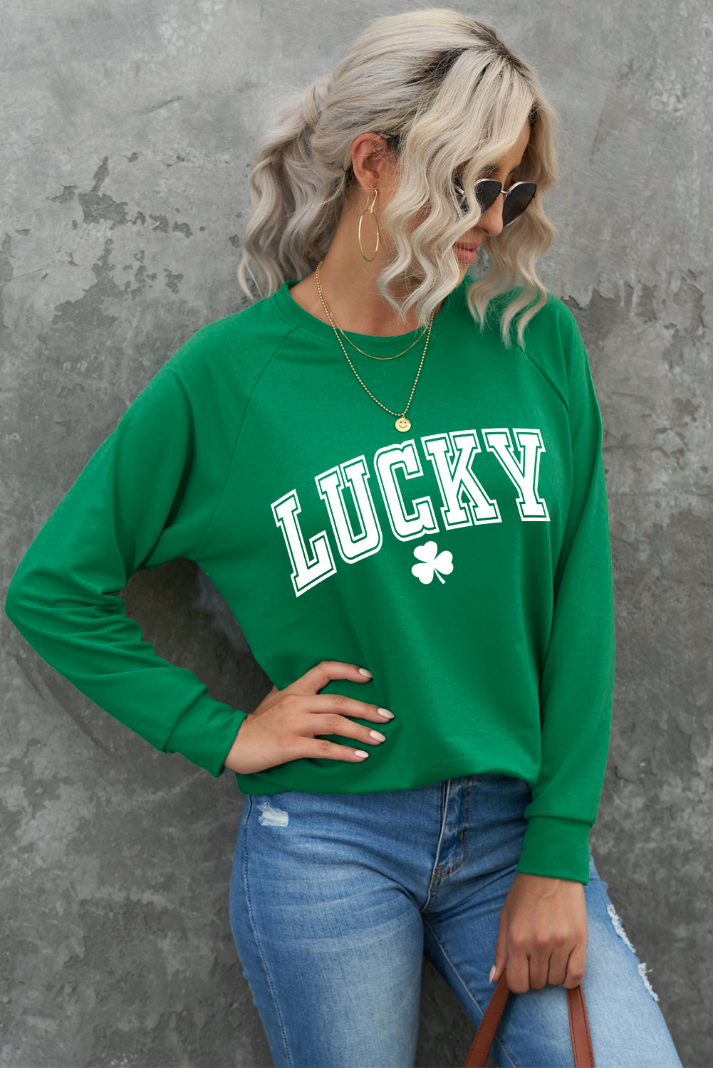 Green St. Patricks LUCKY Clover Print Raglan Sleeve Sweatshirt - loveforevers