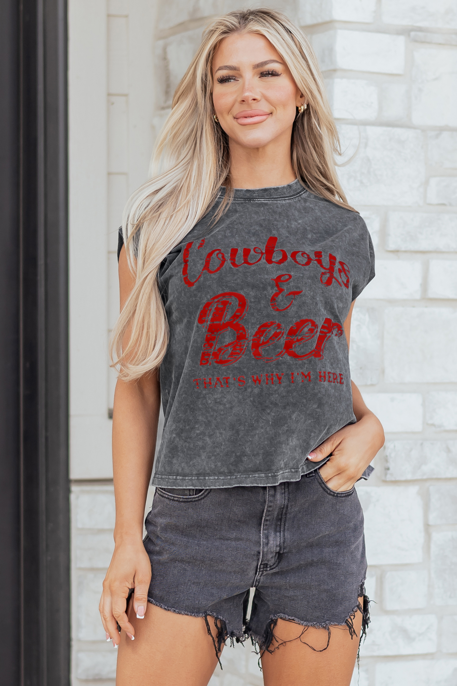 Smoke Gray Cowboy & Beer Western Graphic Mineral Wash Tank Top - loveforevers
