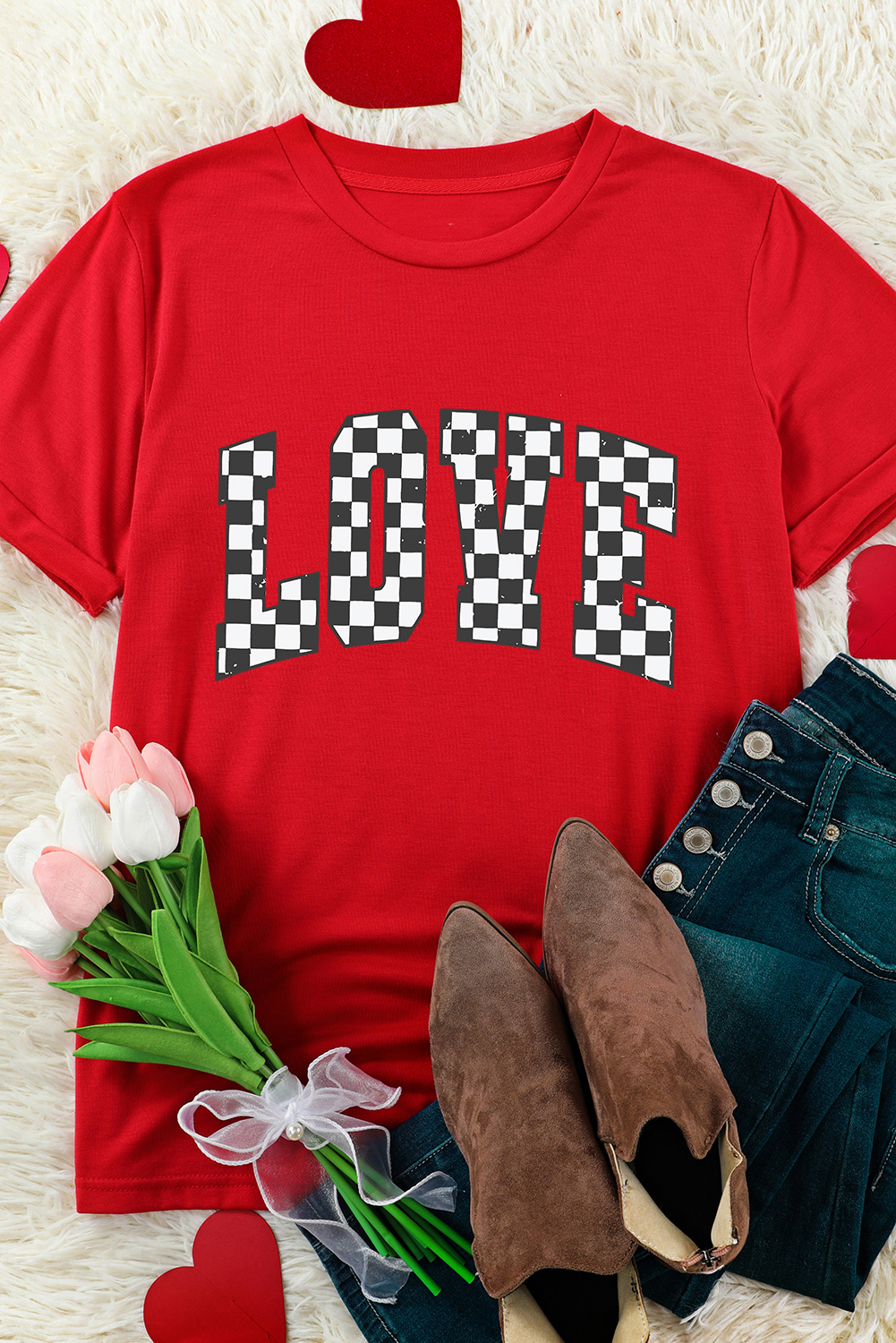 Red Checkered LOVE Letter Graphic Valentines T Shirt - loveforevers
