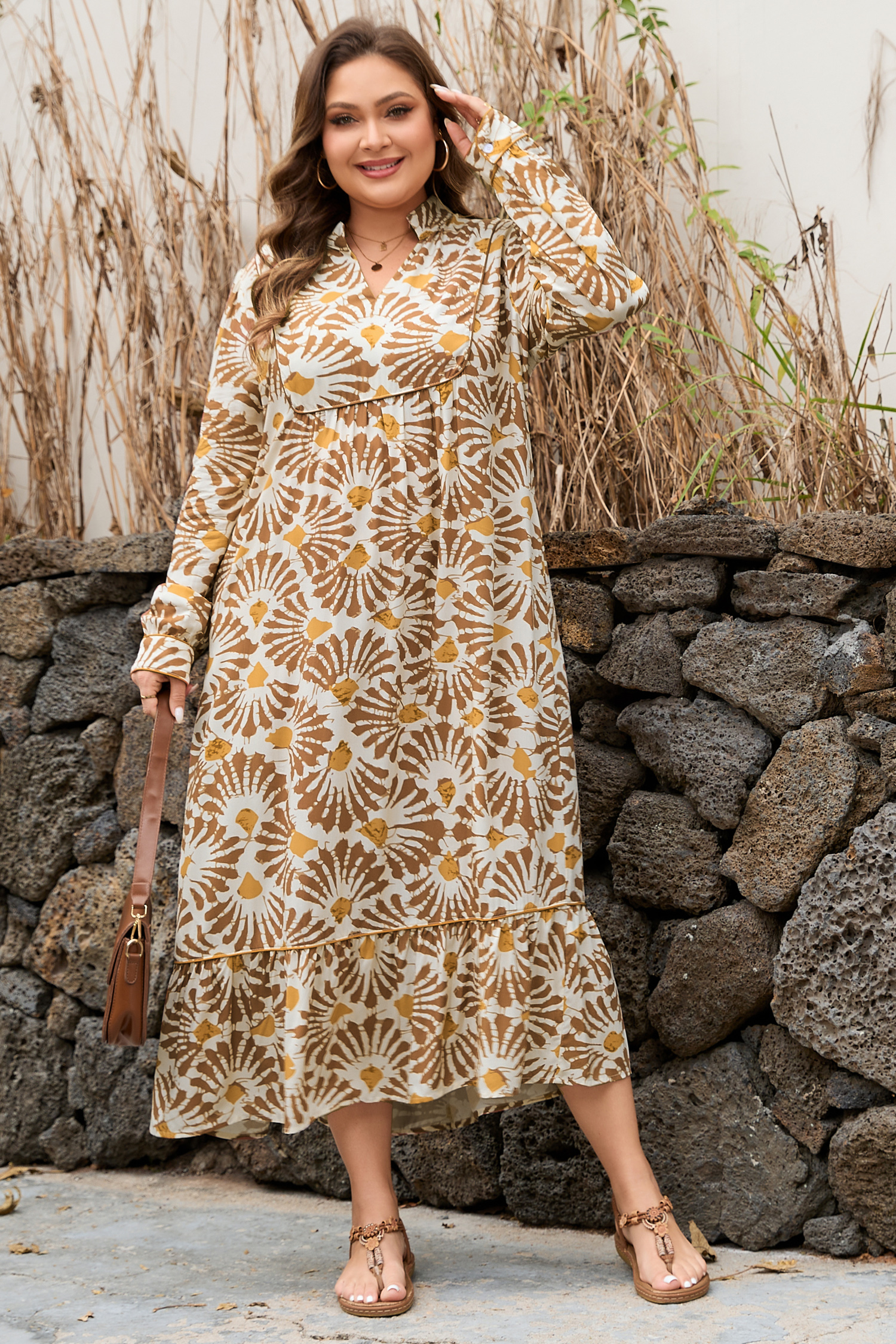 Khaki Abstract Plant Print Loose Plus Size Long Dress - loveforevers