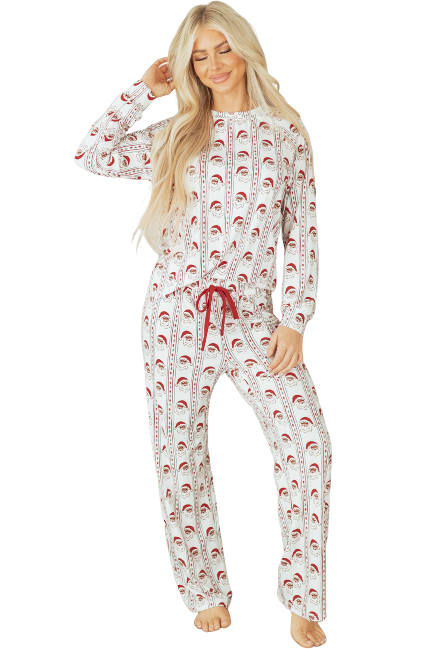White Father Christmas Striped Print Contrast Drawstring Lounge Pant Set - loveforevers