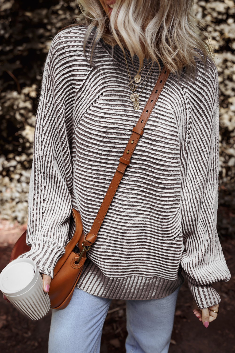 Coffee Striped Print Ribbed Knit Boat Neck Baggy Sweater - loveforevers