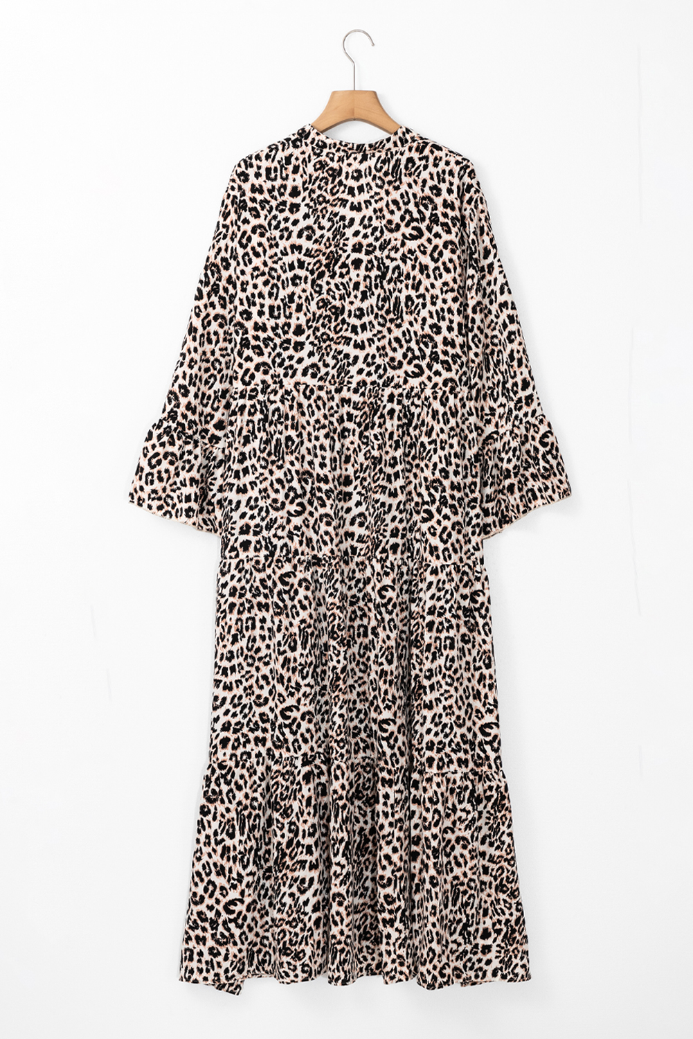 Apricot Leopard Print Tiered Wide Sleeve Maxi Dress - loveforevers