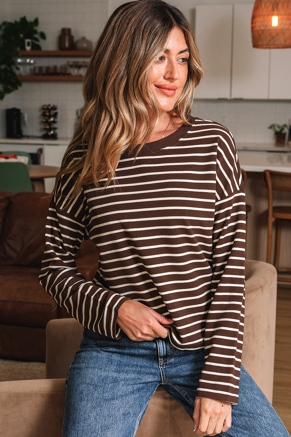 Brown Stripe Ribbed Cropped Crew Neck Long Sleeve T Shirt - loveforevers