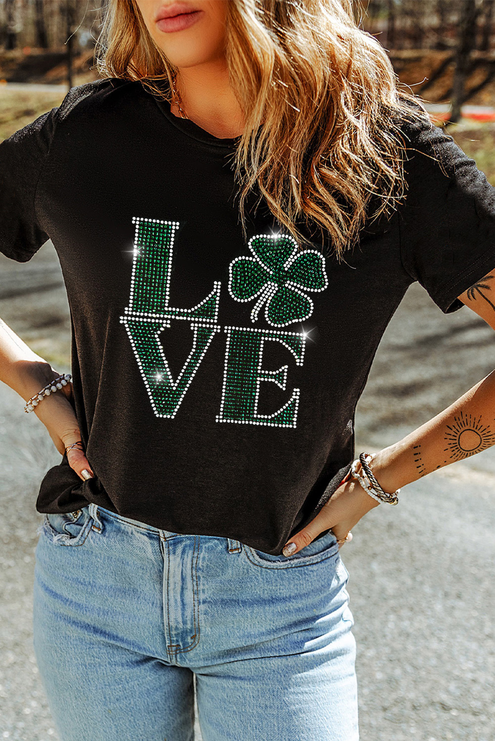 Black Clover LOVE Rhinestone Graphic St Patricks Day T Shirt - loveforevers