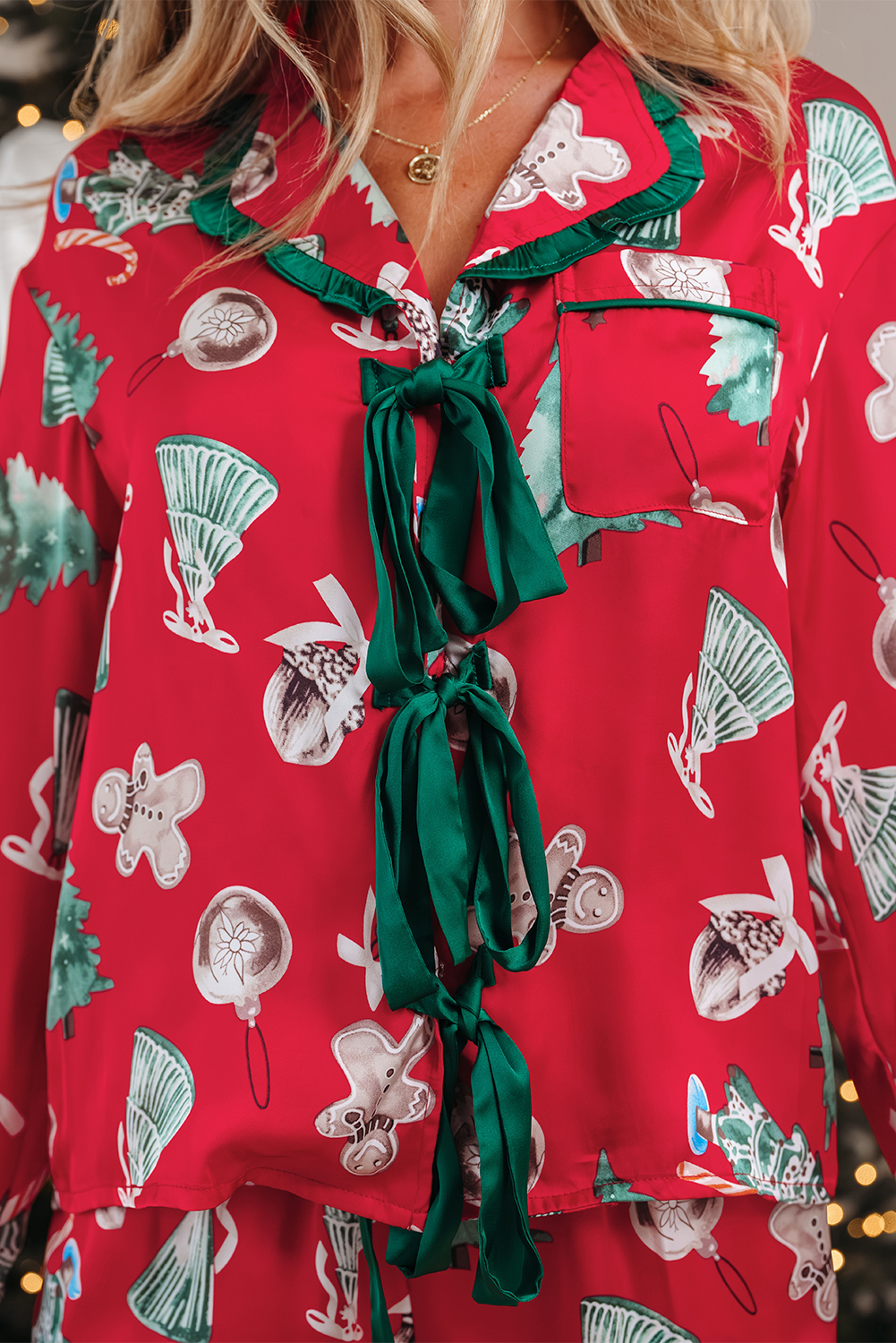 Red Christmas Fashion Print Contrast Ruffle Trim Ribbon Bow Knot 2pcs Pajama Set - loveforevers