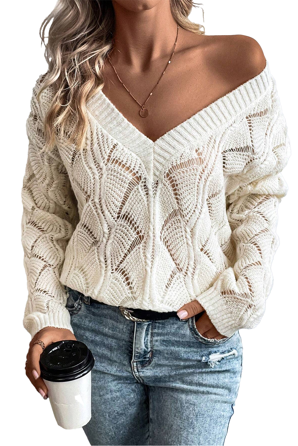 Beige Hollow Out Knit V Neck Drop Shoulder Sweater - loveforevers