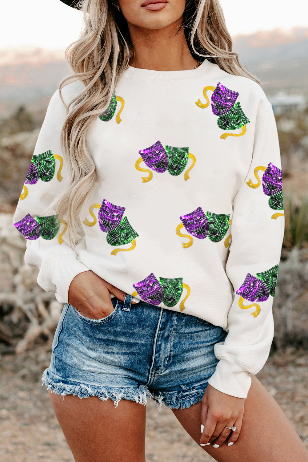 White Sequined Mardi Gras Mask Pattern Drop Shoulder Sweatshirt - loveforevers