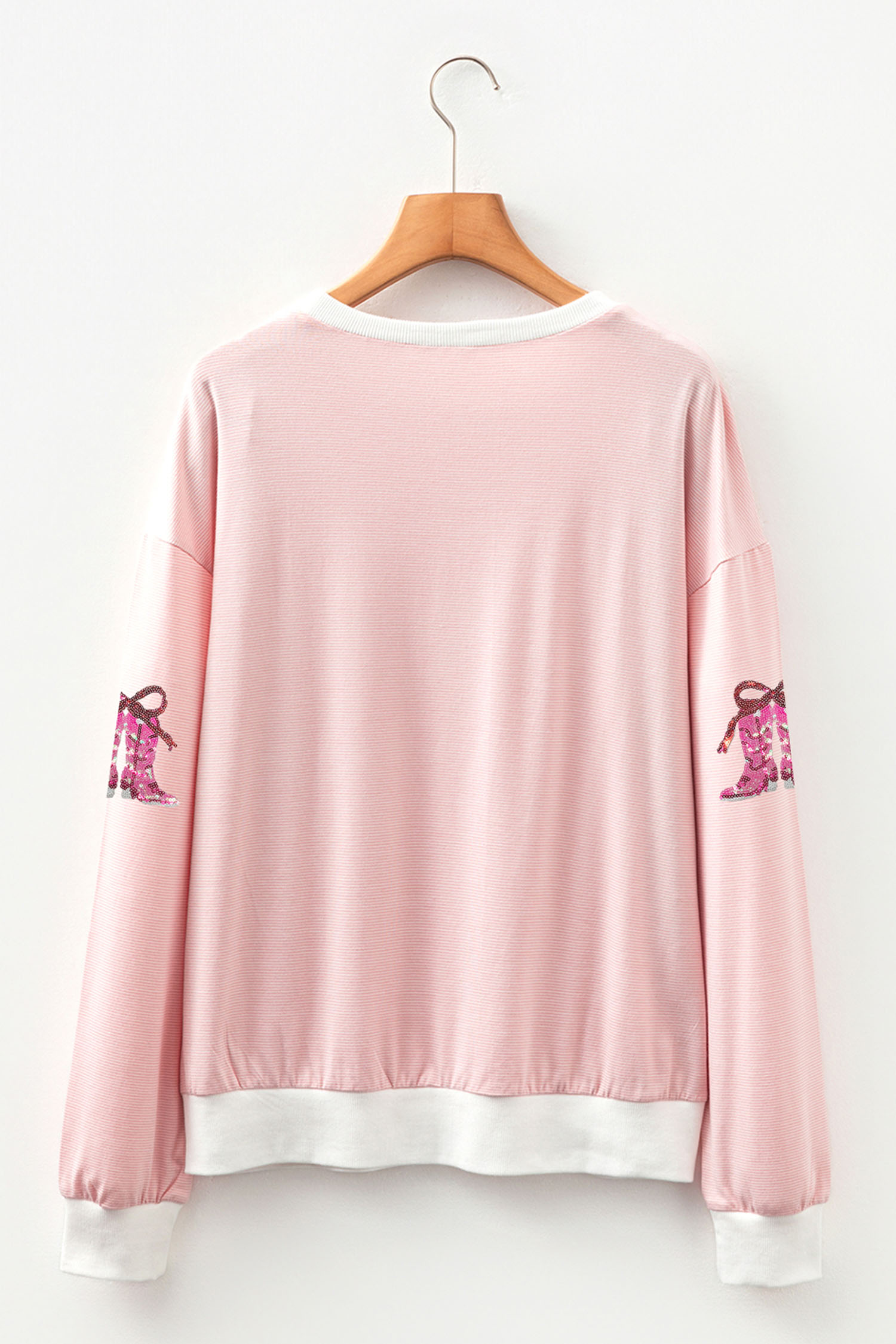 Pink Stripe Cowgirl Boots Sequin Pattern Round Neck Long Sleeve T Shirt - loveforevers