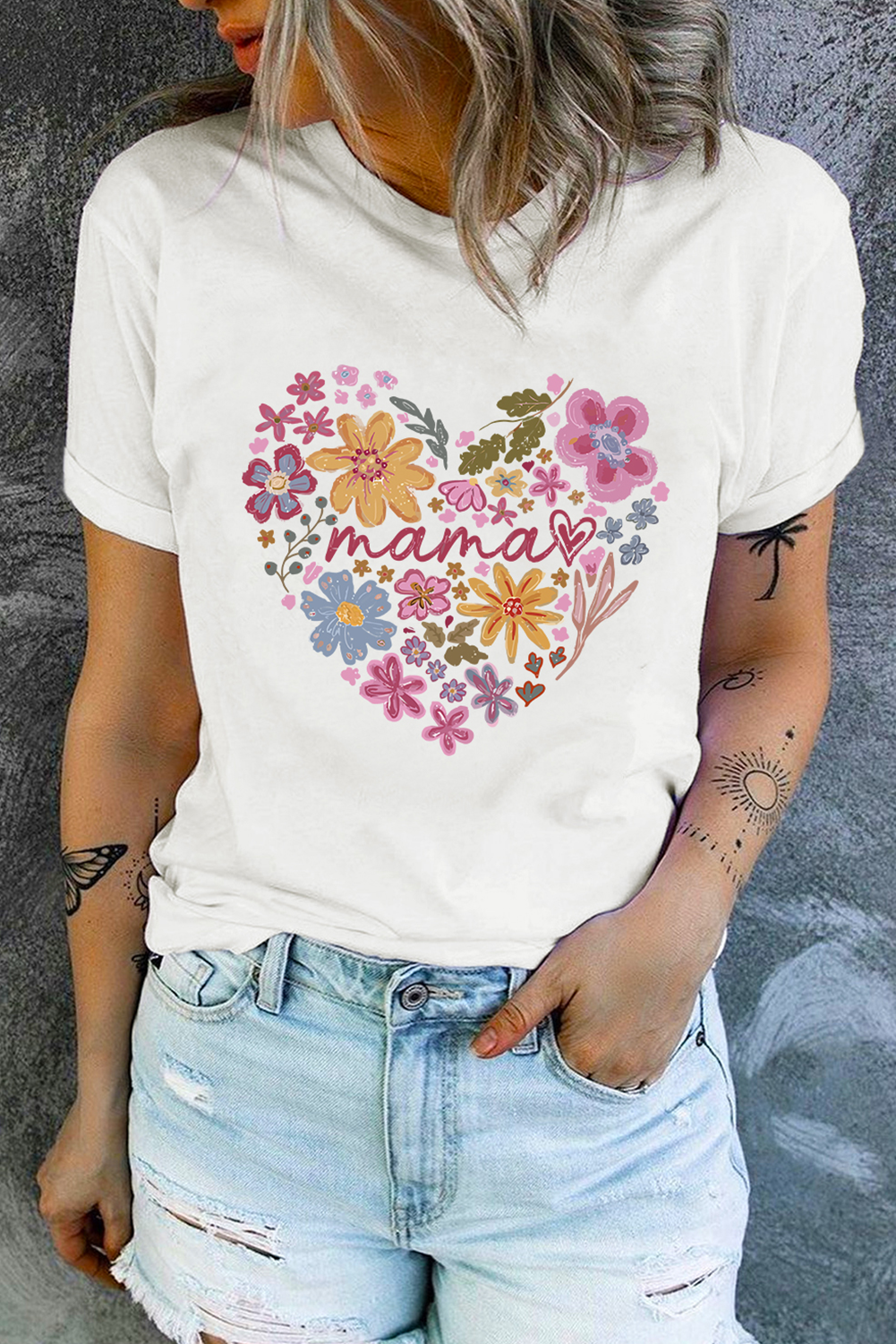 White MAMA Flower Heart Cotton Blend Graphic Tee - loveforevers