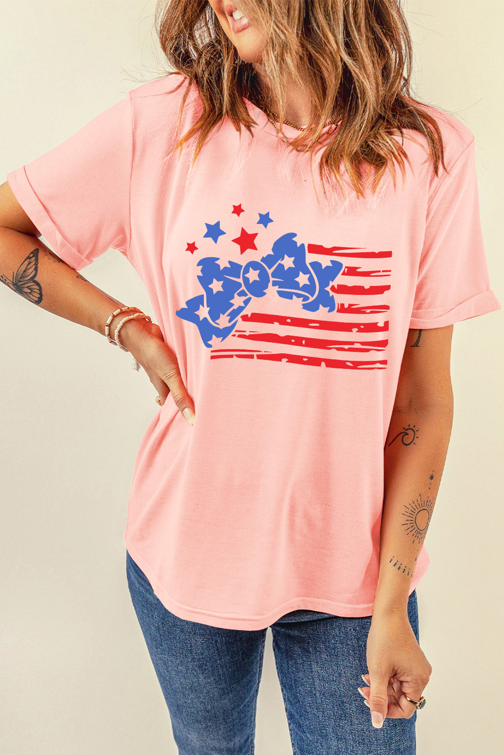 Pink Stars and Stripes Bow Knot Crew Neck T Shirt - loveforevers