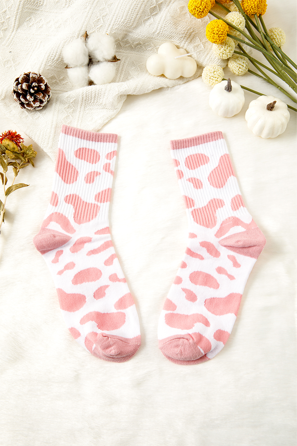 Pink Cow Print Ribbed Detail Crew Socks - loveforevers