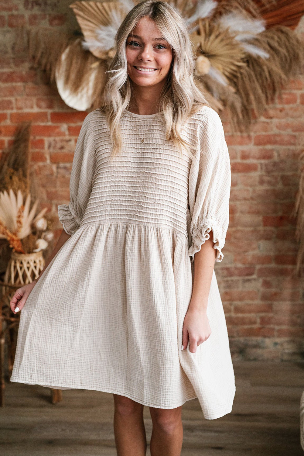White Textured Ruffled Puff Sleeve Loose Dress - loveforevers