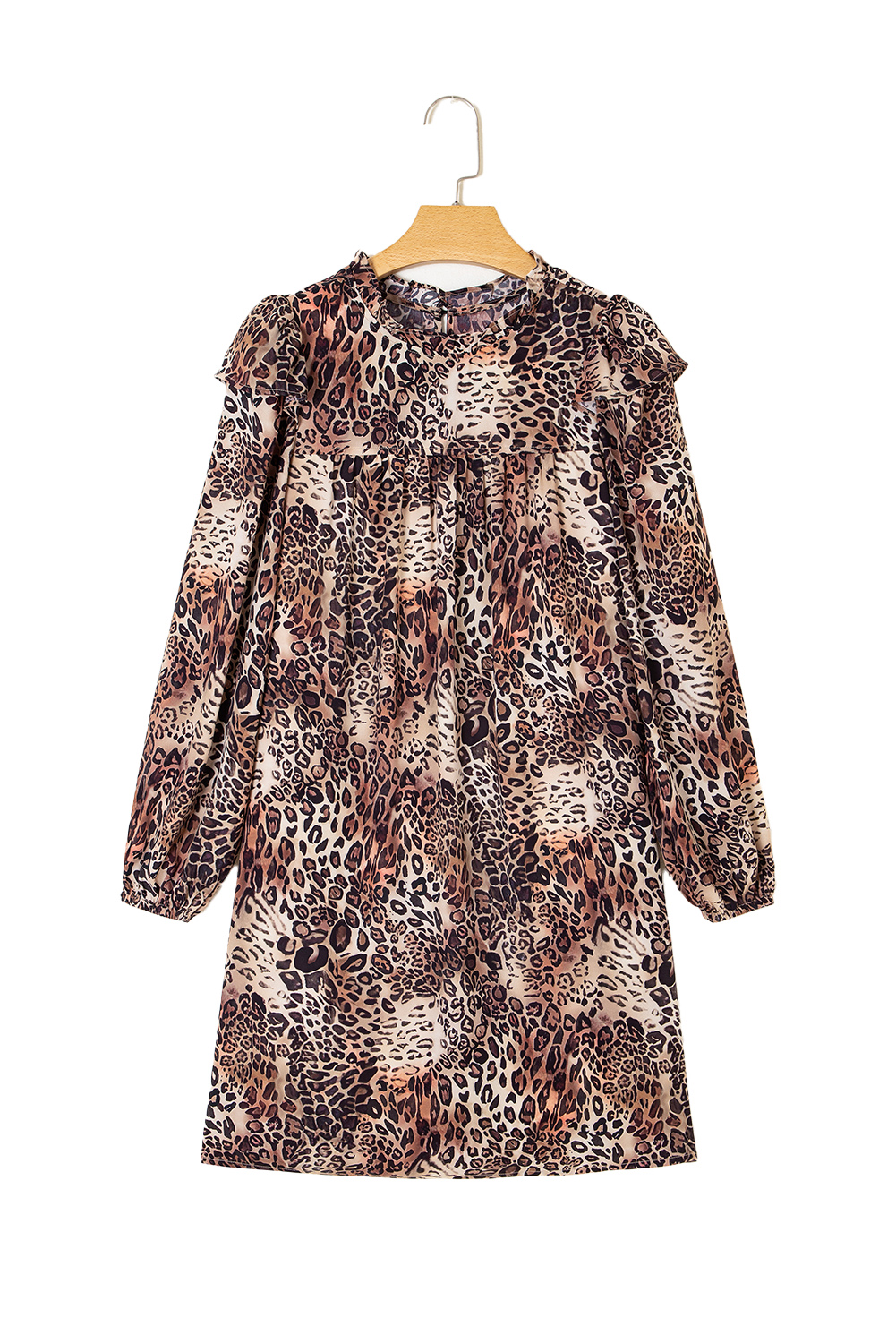 Brown Leopard Ruffled Detail Long Sleeve Loose Mini Dress - loveforevers