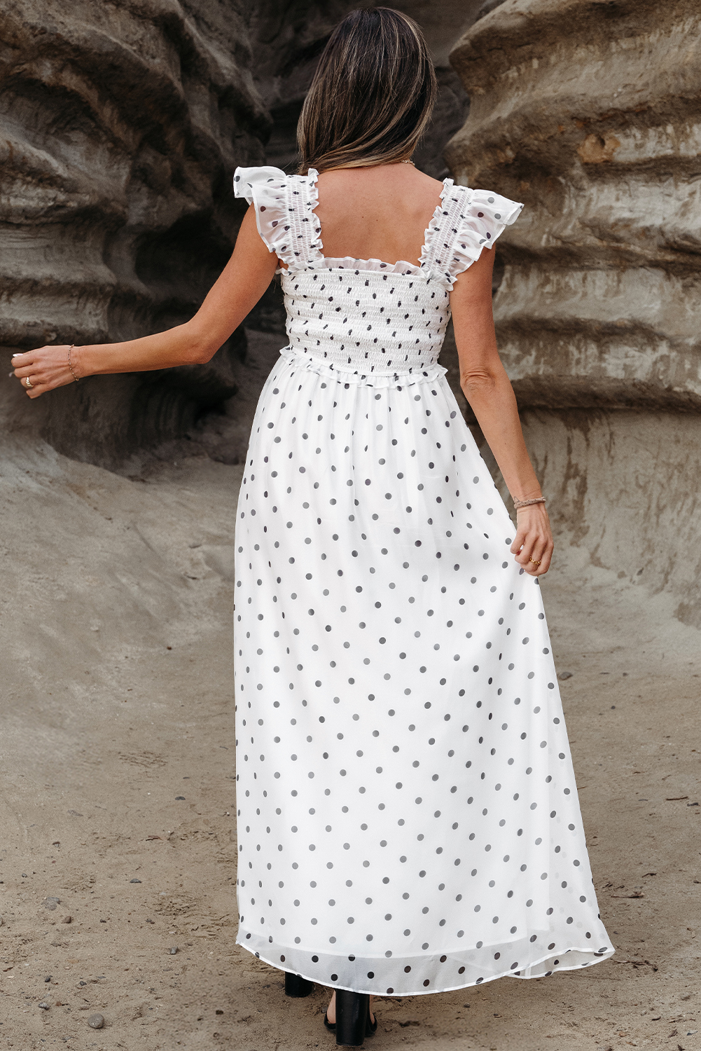 White Polka Dot Flutter Sleeve Square Neck Smocked Maxi Dress - loveforevers