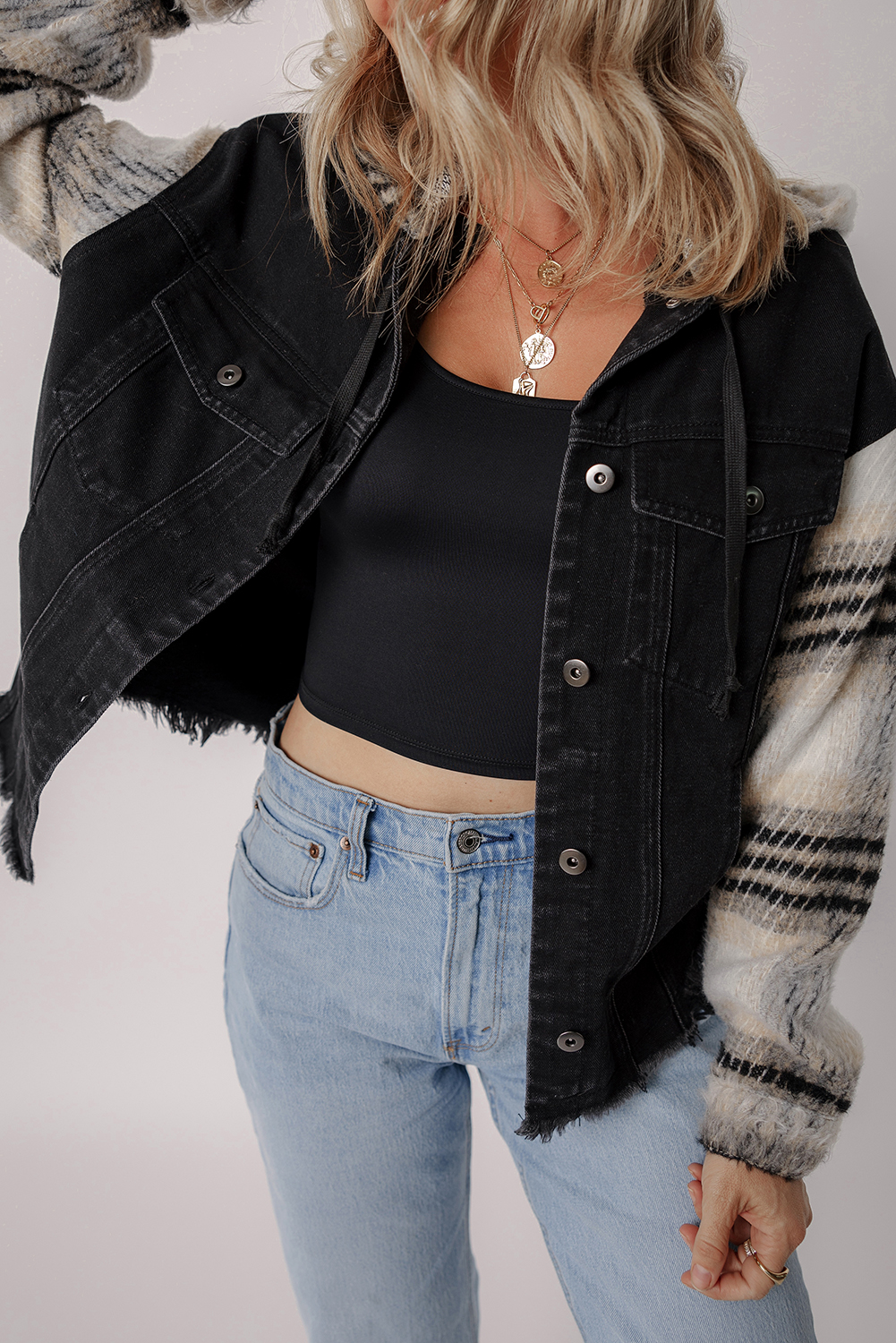 Black Plaid Sleeve Frayed Hem Hooded Denim Jacket - loveforevers