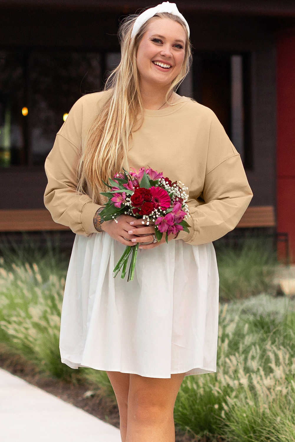 Pale Khaki Sweatshirt Poplin Mini Dress - loveforevers